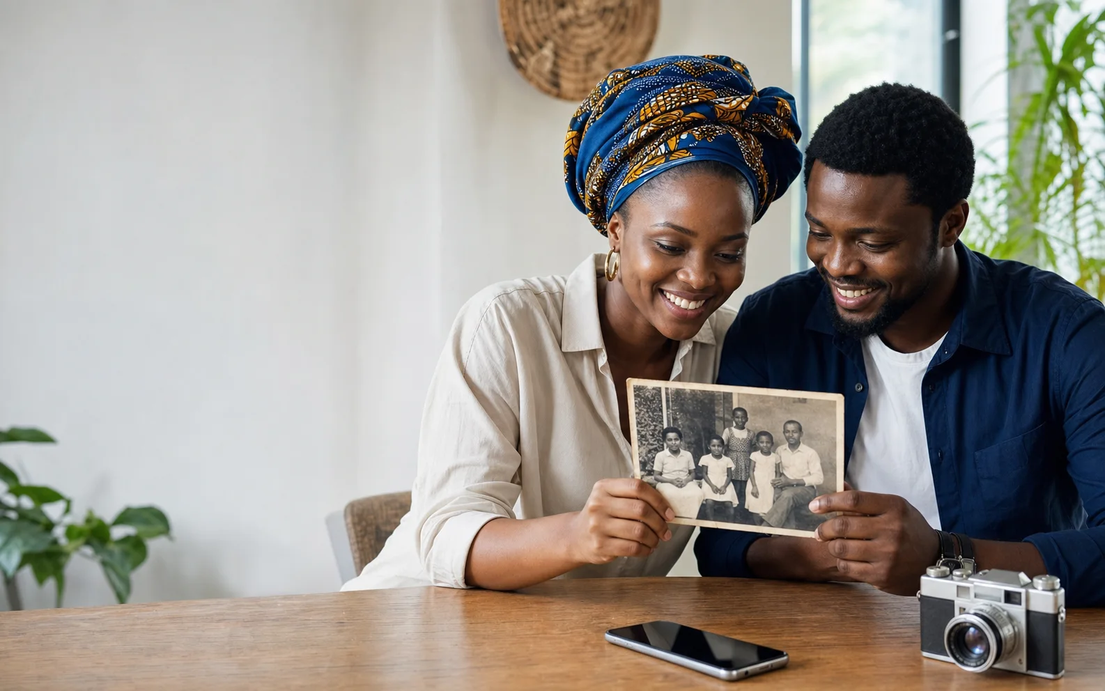 Tanzanian couple viewing a restored family photograph